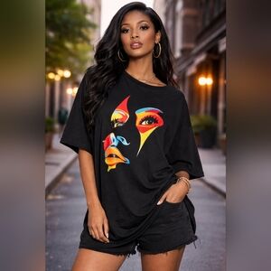 Graphic Black Tunic with Colorful Face Design Size 2x